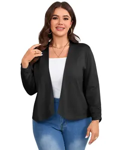 Plus Size Casual Knit Cardigan for Women Shawl Collar 3/4 Roll Up Sleeve with Ruffle Cuff Open Front Lightweight Sweater