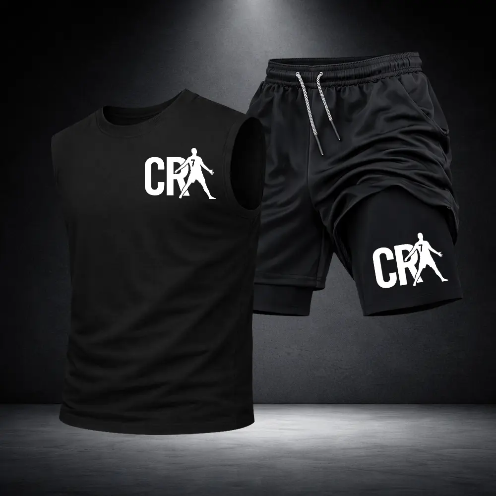 Men’s Black Workout Set Sleeveless Tank Top & Sports Shorts 2-Piece Gym Outfit