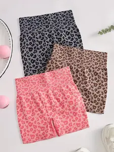 3-piece high-waisted leopard print yoga shorts for women, elastic and comfortable Activewear, spotted design, nylon blend fabric, hand washable only, Athleisure Casual Shorts