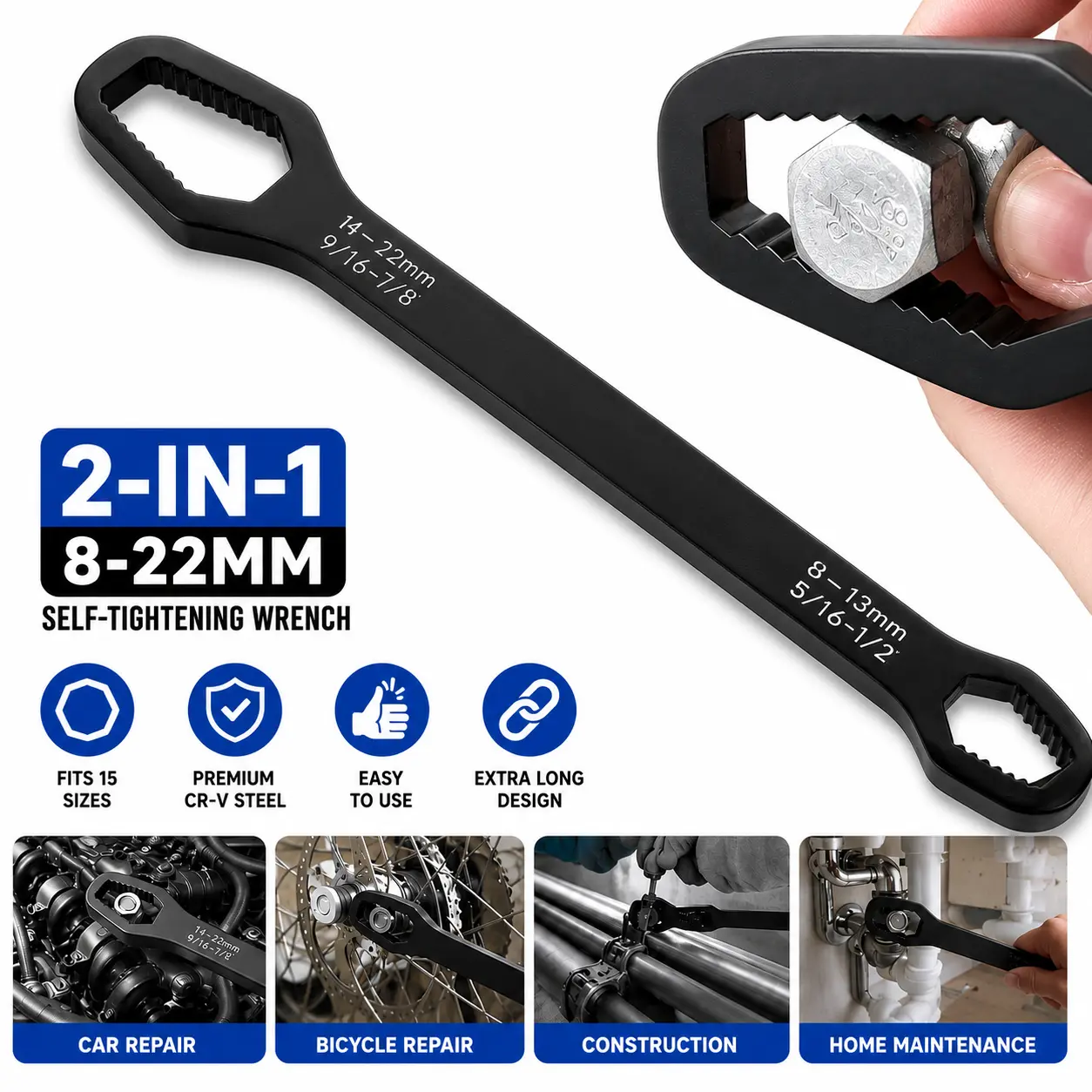 2-in-1 Self-tightening Wrench, Universal 8-22mm Wide Sizes Extra Long Tool, Non-Slip Torx & Spanner for Car Repair, Multiple Fasteners Handling, Extra-Long Design, Fits 15 Sizes