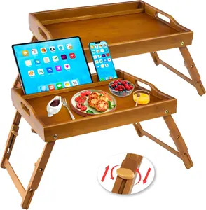 2 Pack Bed Tray Table with Handles Folding ,  Breakfast  Tray with Media Slot, Use As Platter, Laptop Desk, Snack, TV Tray Kitchen Serving Tray(Brown)