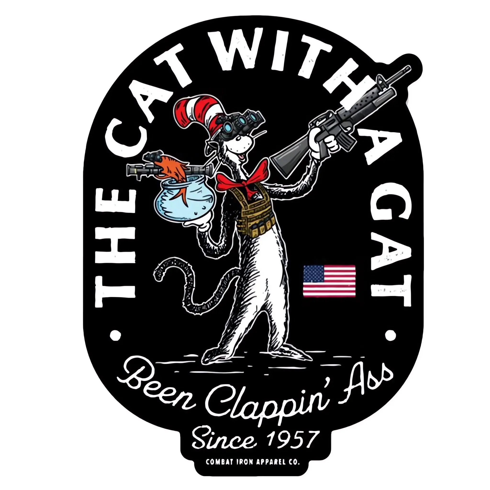COMBAT IRON Character Quad Hard Hat Decoration Sticker - Vinyl PVC 1-Piece PVC Waterproof Stickers, "The Cat With A Gat Remix" Design, Weather Tough Home Decor & Home Supplies Accessory
