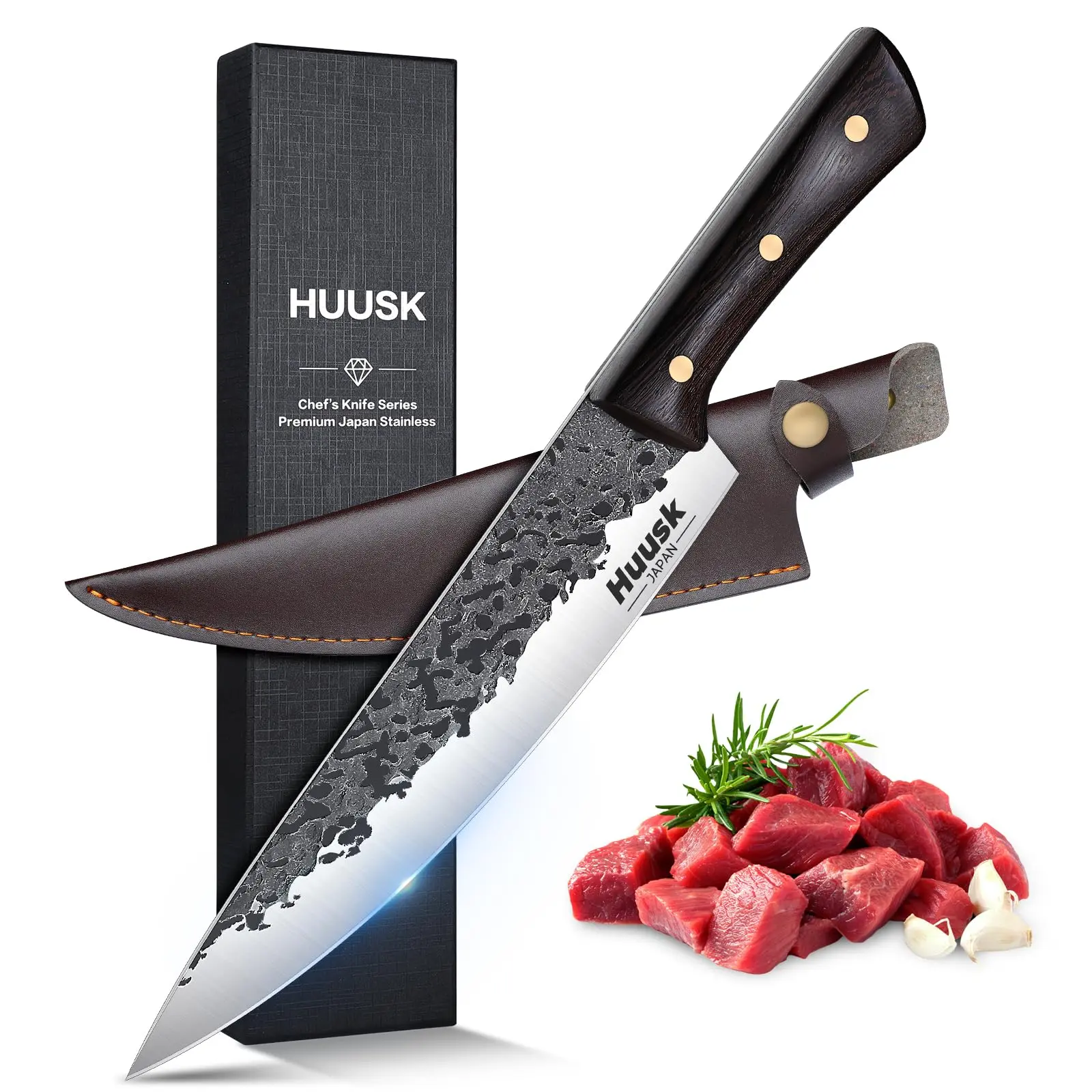 Huusk 8-in Professional Hand Forged Stainless Steel Chef Knife, Wooden Handle, Meat-Cutting Tool with Sharpening Compatibility - Ideal Christmas Black Friday Gift for Fathers