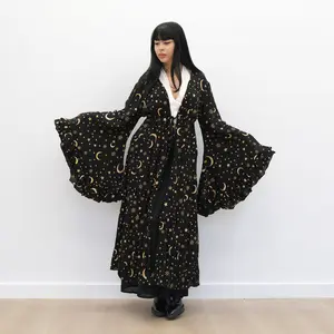 Celestial Duster Kimono, Moon Star Print Maxi Cover Up, Boho Bell Sleeve Whimsical Goddess Layer, Celestial Bell Sleeve Kimono, Flowy Whimsical Cardigan