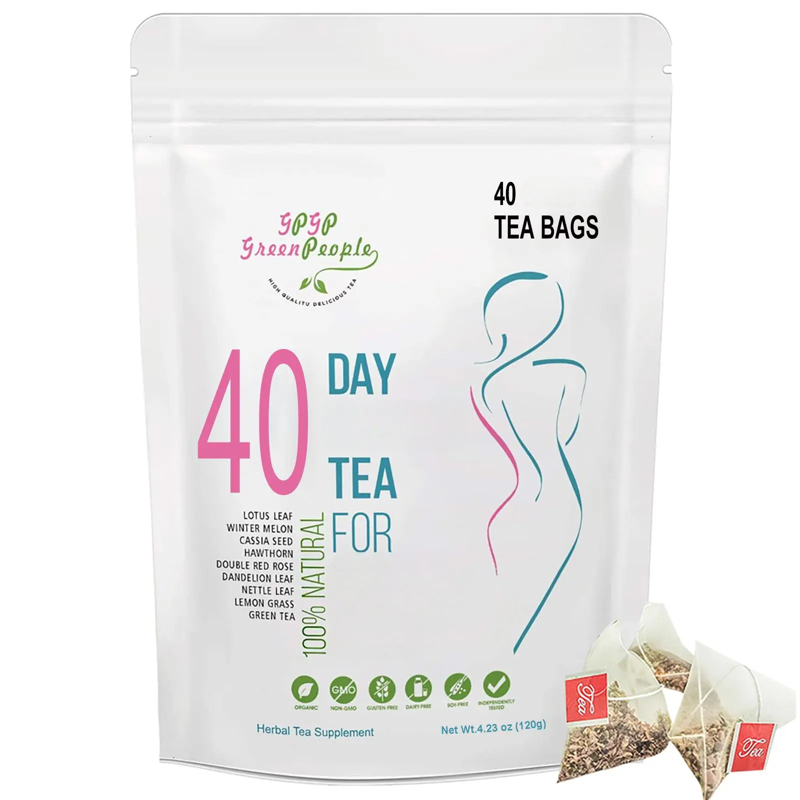 40 Days Ladies Tea Bag - Non GMO, Vegan, All Natural Teas, Made with Green Tea, Herbal Tea Supplement, Reduce Bloating