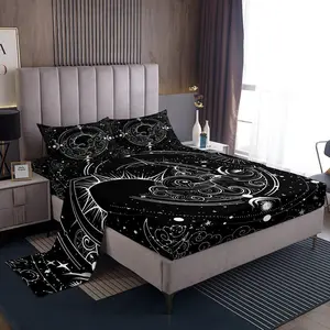 Feelyou Full Size Boho Bedding Set, Microfiber Galaxy Print Pattern Sheets with Deep Pocket Fitted Sheet, White Breathable Exotic Boho Linens