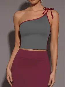 Colorblock Shoulder Tie Top & Tailored Long Skirt Set, American Street Style, Slimming Bodycon Dress, Casual All Seasons