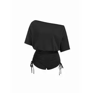 Cider Off-Shoulder Drawstring Ruched Romper