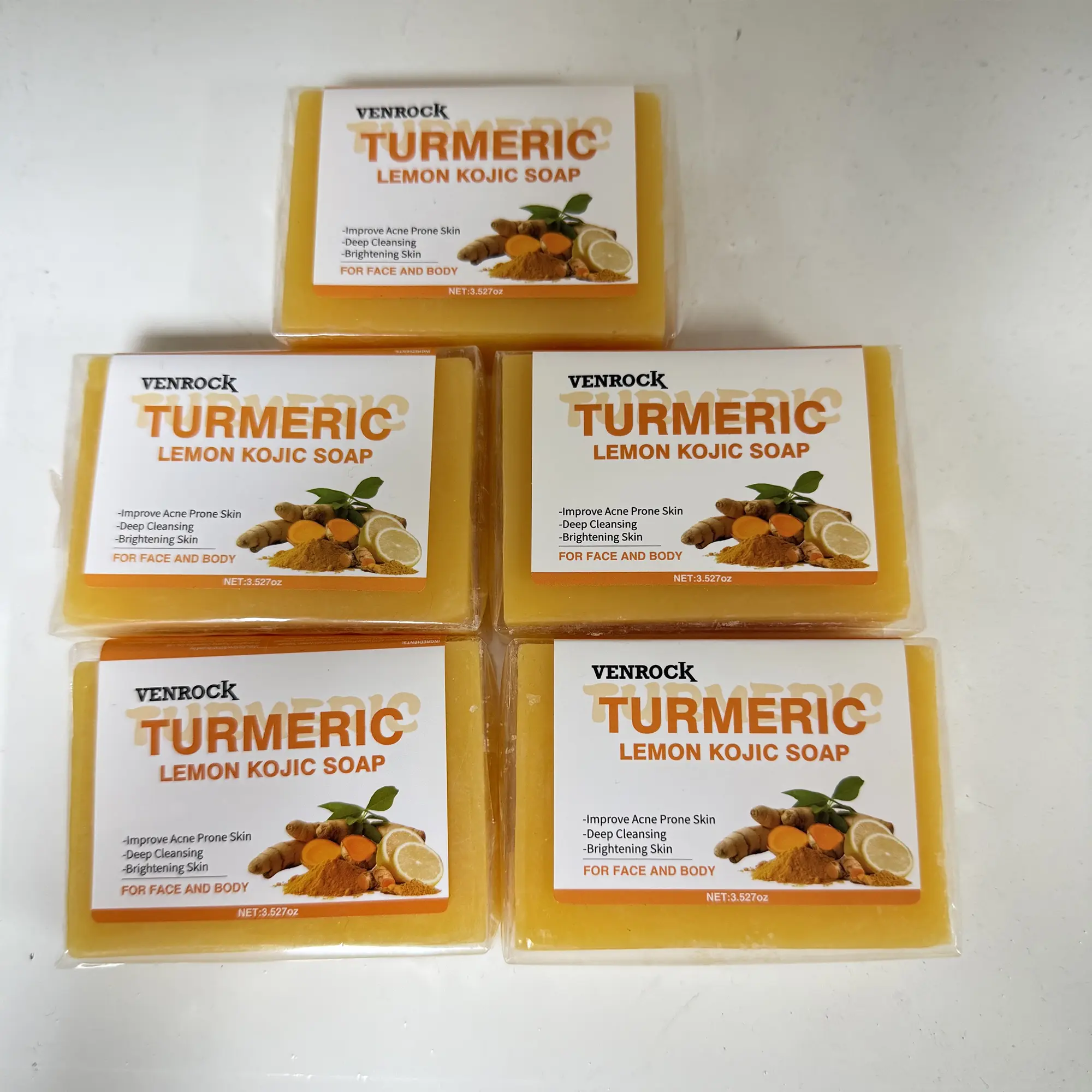 VENROCK 5pcs Turmeric Lemon Kojic Soap for Face & Body- Improve Acne, Deep Cleanse & Brighten Skin-100g/pc tiktokshopspringglowup