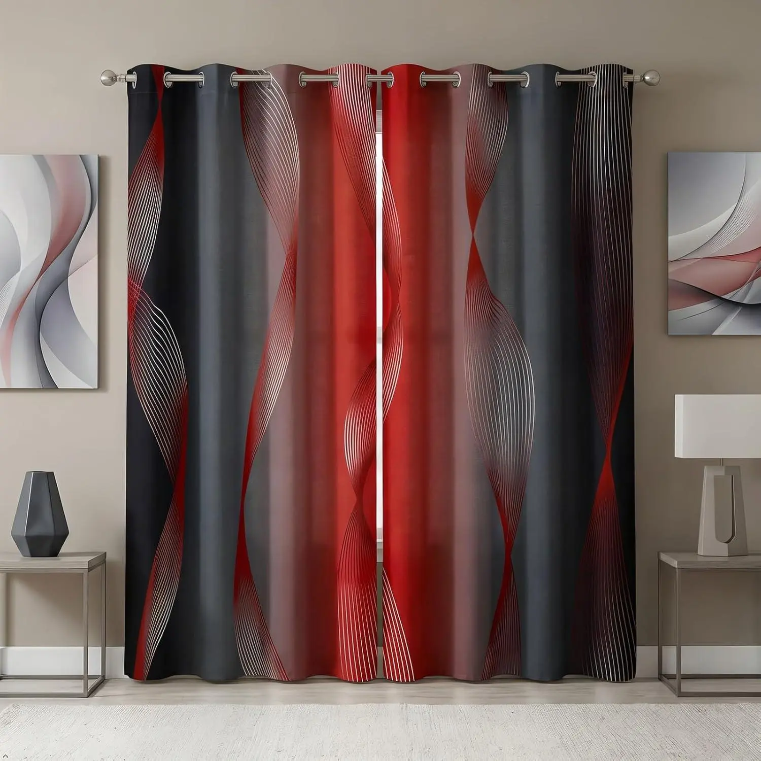 Gradient Black and Red Blackout Curtains Ombre Curtains & Drapes,Spiral Silver Print Wave Striped Pattern 2 Panels Curtains,Abstract Art Room Decor Aesthetic