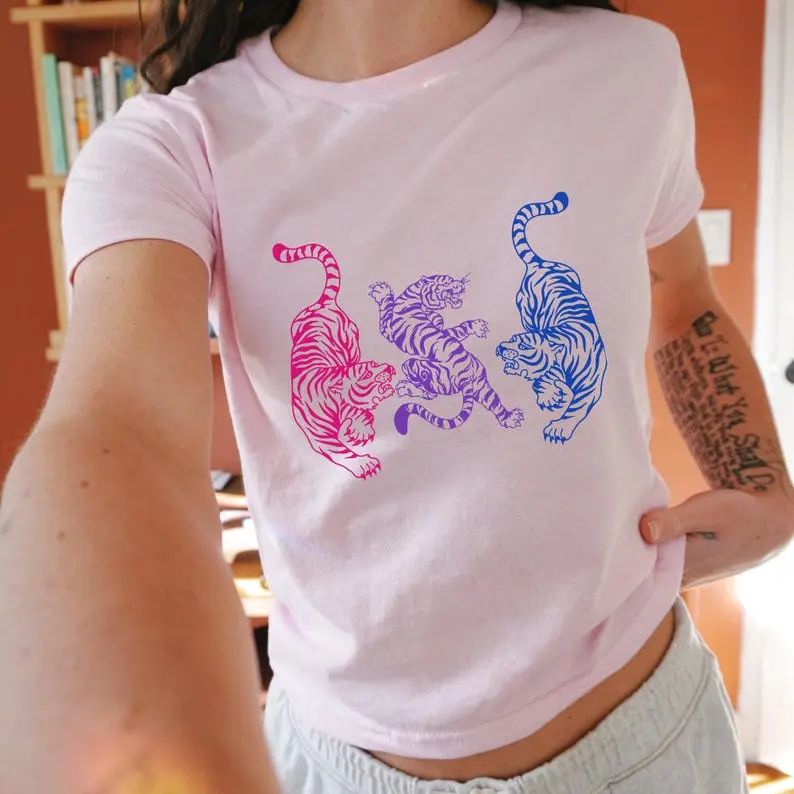 Tiger Subtle Bi Pride 90's Baby Tee Bisexual Shirt Discreet Pride Apparel Y2K Queer Gifts LGBTQ Ally Bi Flag