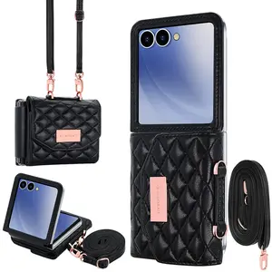 For Z Flip 7 PU Leather Wallet Protective Phone Cases Cover With Long Cross body Strap, Gilrs Purse Phone Case For Samsung Galaxy Z Flip 6 5 4 3， Black, Crossbody