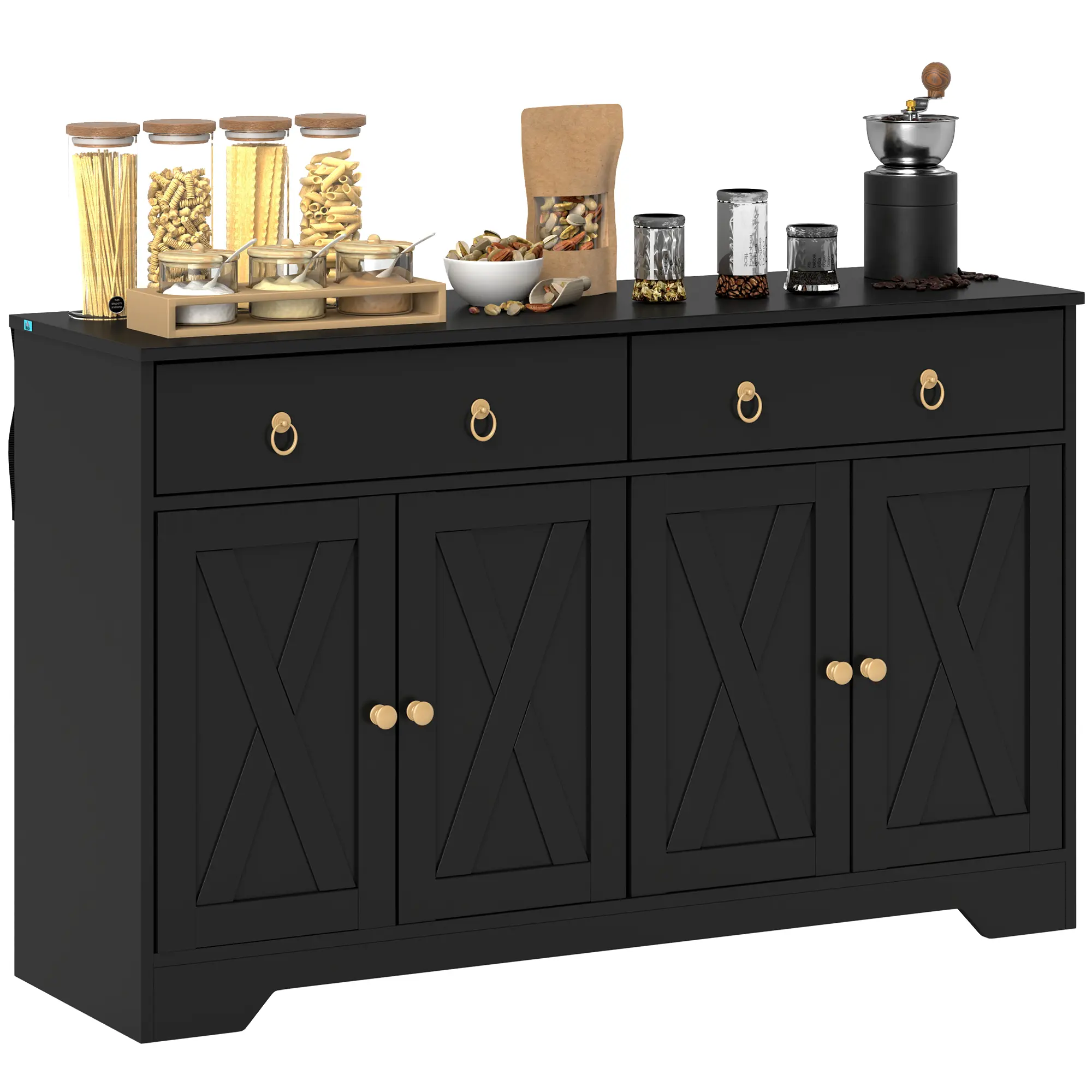 HOMCOM Sideboard Buffet Cabinet with Storage, 48" Kitchen Storage Cabinet with 2 Drawers and 4 Barn Doors, Farmhouse Coffee Bar Cabinet with Adjustable Shelves, White