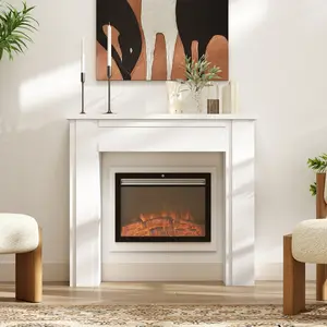 Easy Assembly Freestanding Fireplace Frame, White Modern Mantel with Support Legs and Rear Anti-tipping Hardware, Stable Decor Furniture for Household Electric Fireplaces