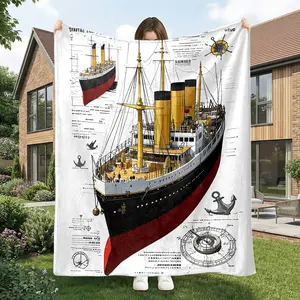 1pc Titanic Ocean Liner Nautical Theme Flannel Blanket Vintage Steamship Technical Drawing Design Black Red Hull with Yellow Funnels Maritime Anchor Compass Elements Sofa/Bedroom/Office/Travel/Nap Warm