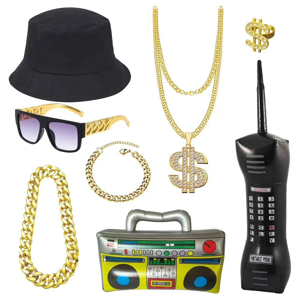 8 PCS Hip Hop Costume Kit 80s 90s Rapper Accessories Bucket Hat Sunglasses Gold Chain Bracelet Ring
