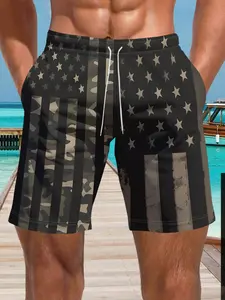 Men's American Flag Camo Graphic Sport Shorts, Casual Breathable Quick-Dry Beach Pants, Beach Board Shorts, Summer Fashion Male Clothing, Above the Knee Short