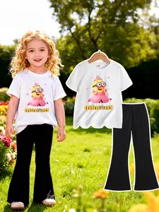 Girls' outfit "Minion Princess Cute and Sweet" cartoon Minion printed T-shirt with a crown and pink dress design + flared pants set, which is soft, cute and dreamy, full of childlike fun, comfortable and eye-catching for daily outings / casual wear