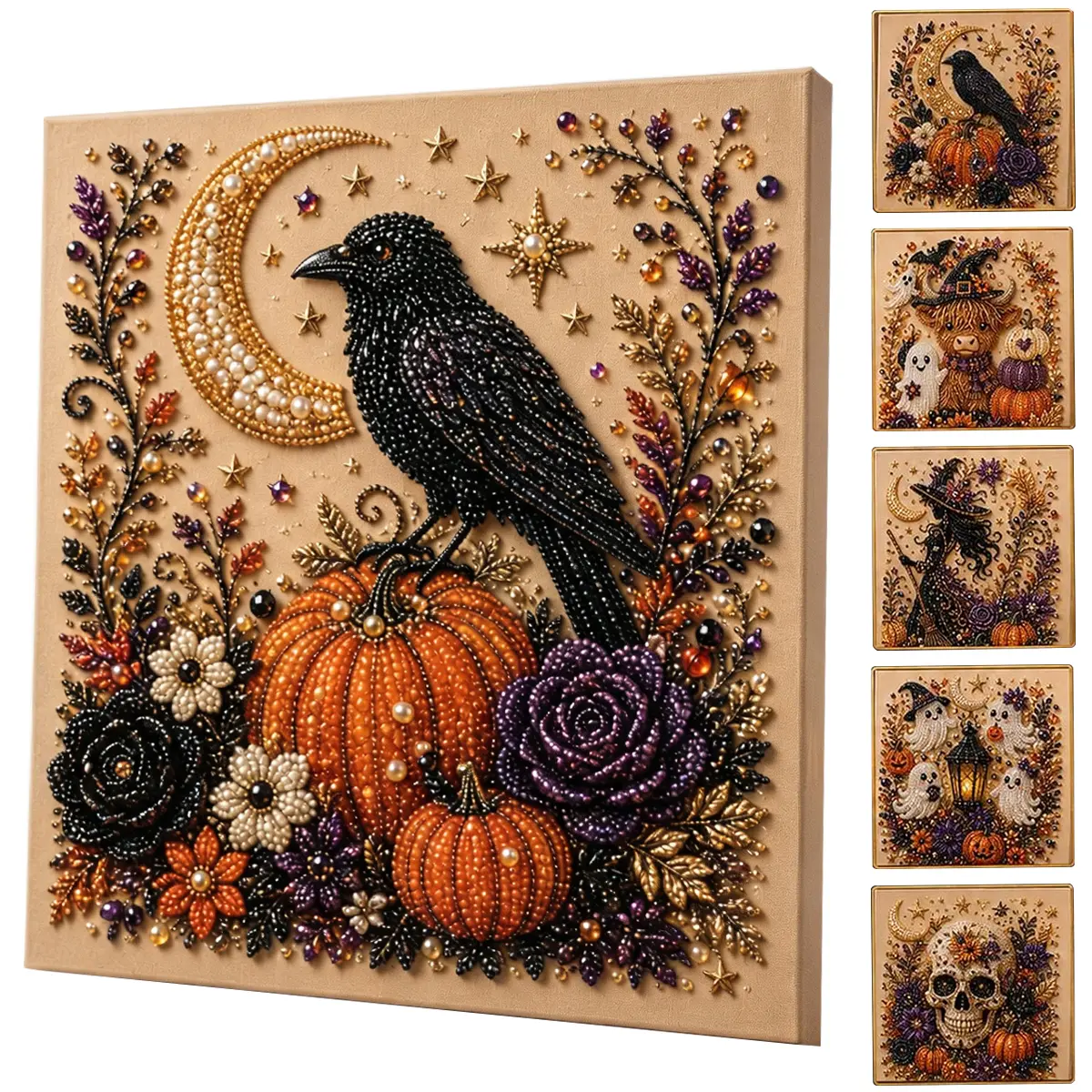 Halloween 3D Pearl Art DIY Kit Witch Pumpkin Ghost Bead Painting Canvas Autumn Home Wall Decor Beginner Friendly Craft Gift Unique Gift Idea Fall Season