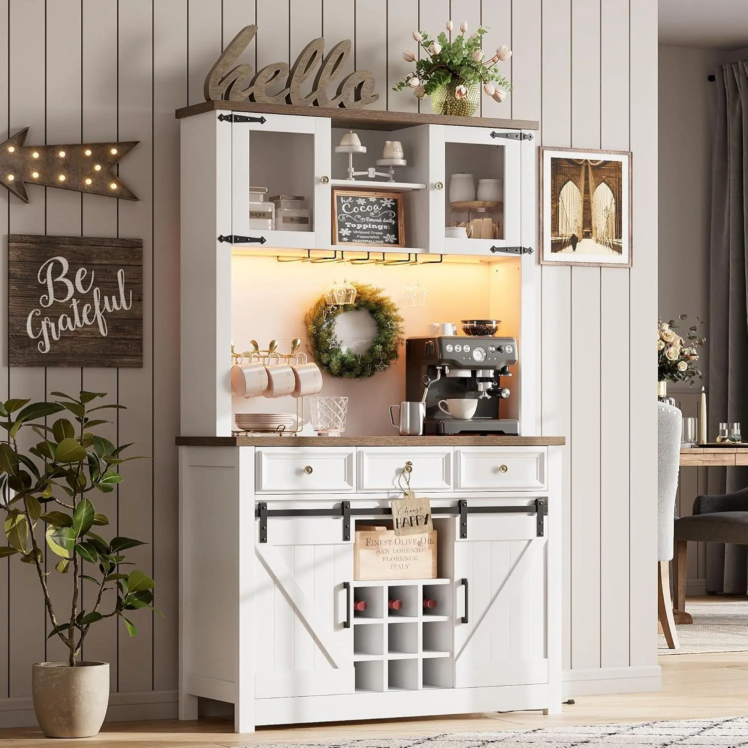 GAOMON 72" Farmhouse Coffee Bar Cabinet with LED Lights & Power Outlets | Tall Kitchen Buffet Hutch with 3 Drawers & Wine Glass Rack, Sliding Barn Door, Ample Storage for Home Bar, White