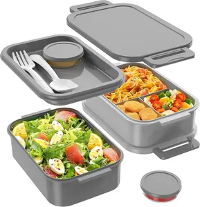 Adult Lunch Box Kids 3 Layers Stackable,Bento Lunch Box 72oz Large Capacity Leak-Proof with Sauce Containers for Work,School,Outside Tableware Grey