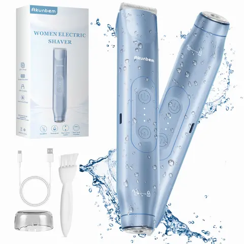 Akunbem Women's High Quality 2-in-1 Trimmer & Electric Shaver - Cordless Rechargeable Trimmer, USB Rechargeable, 700mAh Built-In Batteries, Double-Blade, IPX7 Rated, Anti-Scratch, Pain-Free, Bikini Line Care (Blue)
