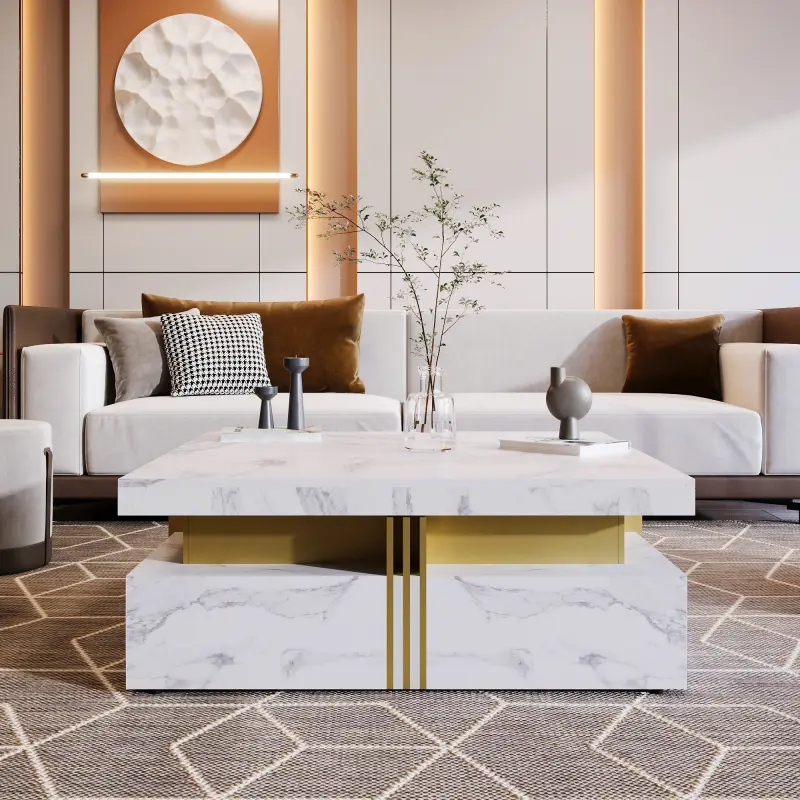 Modern White Square Storage Organization Pedestal Coffee Table - MDF Indoor Furniture, 4-Drawer, 43.3"l x 43.3"w x 16.5"h, 800 lbs Capacity, Clean Lines, Requires Setup, for Home Decor, White & Gold Accents