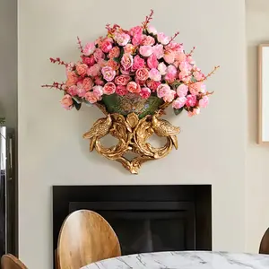 Homary Gold Carving Medieval Silk Artificial Flowers Bouquet in Vase - European-Style Luxury Light Decorative Lifelike Wall Ornaments for Home Room, Gold Artificial Flowers