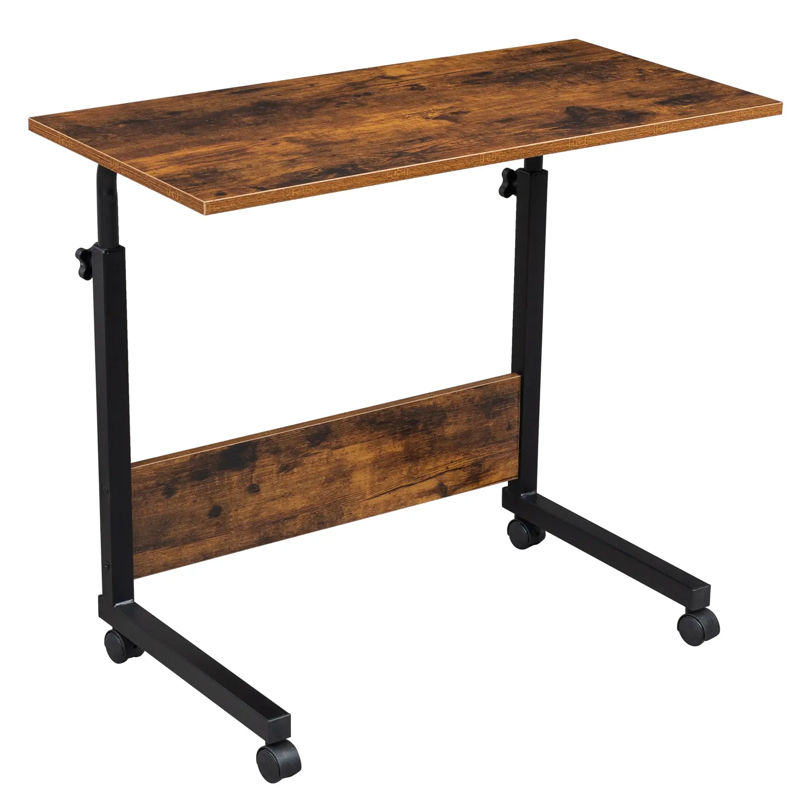 Rolling Height Adjustable Side Table, Chipboard and Steel Frame, Mobile End Table with Baffle for Home Office, Compact Bedside or Sofa Table