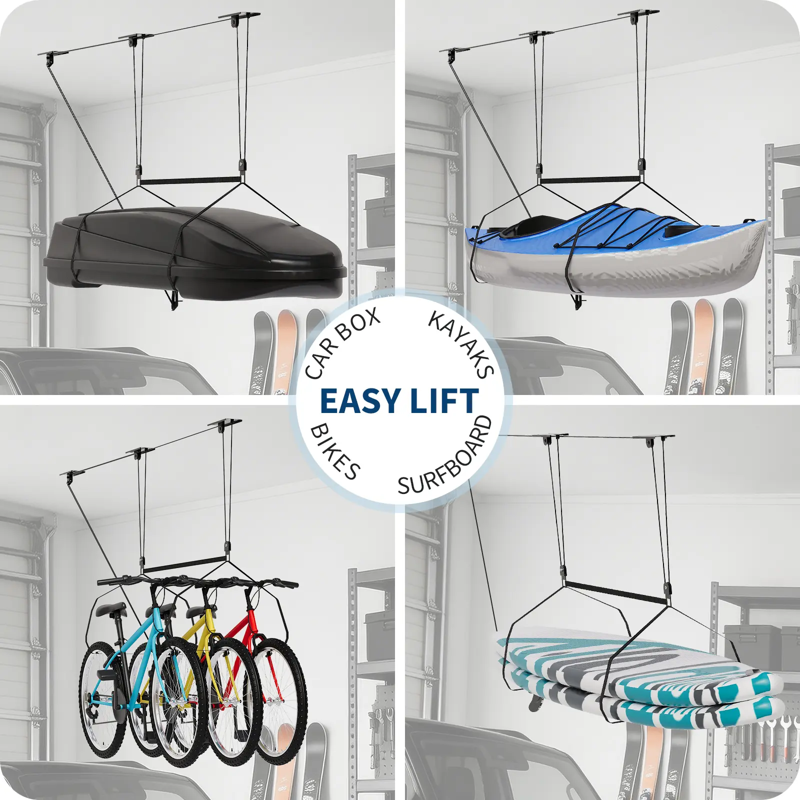 Heavy Duty Rooftop Cargo Box Garage Pulley System, Ceiling Storage Hoist Kit for 10-14 ft Ceilings, 200LBS Capacity with Dual Fixed‑Point Design, Adjustable Lifting Straps, Space-Saving Overhead Mount, Ideal Ceiling Mounted Storage Racks