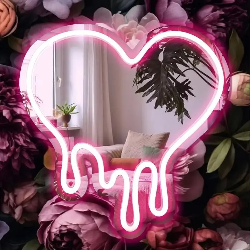 Heart Shaped Neon Sign Mirror, 1 Count USB Powered Neon Wall Hanging Makeup Mirror, Decorative Neon Sign for Home, Room, Tattoo Shop, Illuminated Mirror, Mirrors For Wall