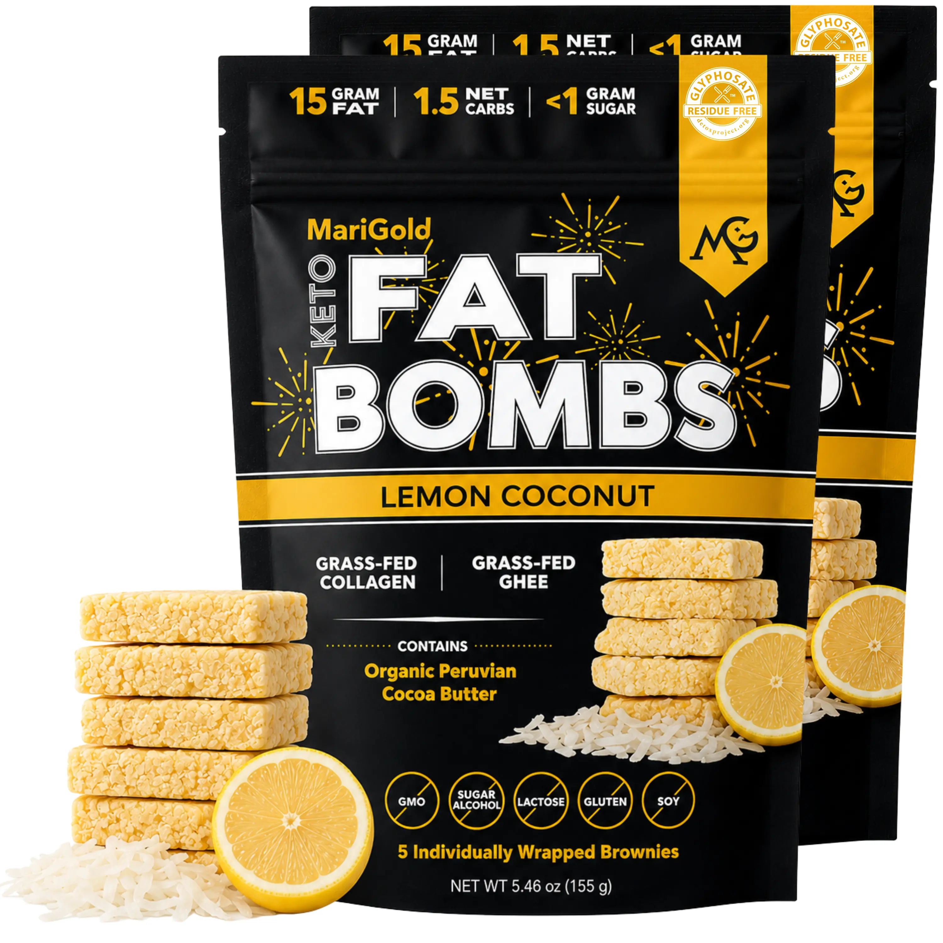MariGold Keto Fat Bombs - Lemon Coconut, 2 PACK (10 bars) - Low Carb, Collagen Rich, Grass-fed Ghee, Organic Cocoa Butter, Gluten-Free, Non-GMO Protein Snack