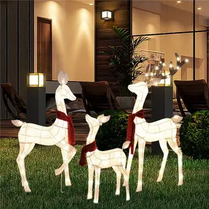 Golden Illuminated Deer Family Set With 210 Warm LEDs, Metal Frame Holiday Decor For Porch & Living Room (3pcs Lighted Reindeer Trio)