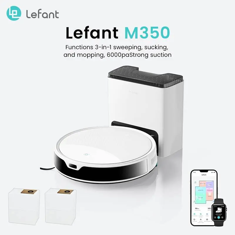 Lefant M350 Robot Vacuum and Mop Combo with Self-Empty Station, 6000Pa Strong Suction, Smart Obstacle Avoidance, Up to 40 Days Hands-Free Cleaning, 150-Min Runtime
