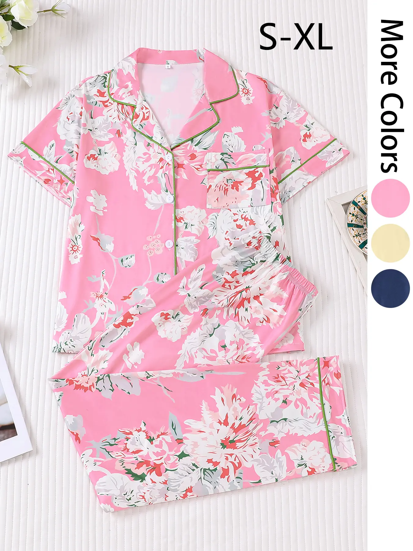Women's 2-Piece New Cotton Floral Print Short-Sleeved Fitted Pajama Set with Pockets, Elegant and Casual Loungewear, Fashionable and Comfortable Shirt and Pants for All-Season