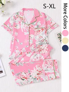 2 pieces of women's new cotton Floral print short sleeved Fitted pants pajama set with multiple pockets, suitable for all seasons, fashionable, comfortable, elegant and casual Loungewear