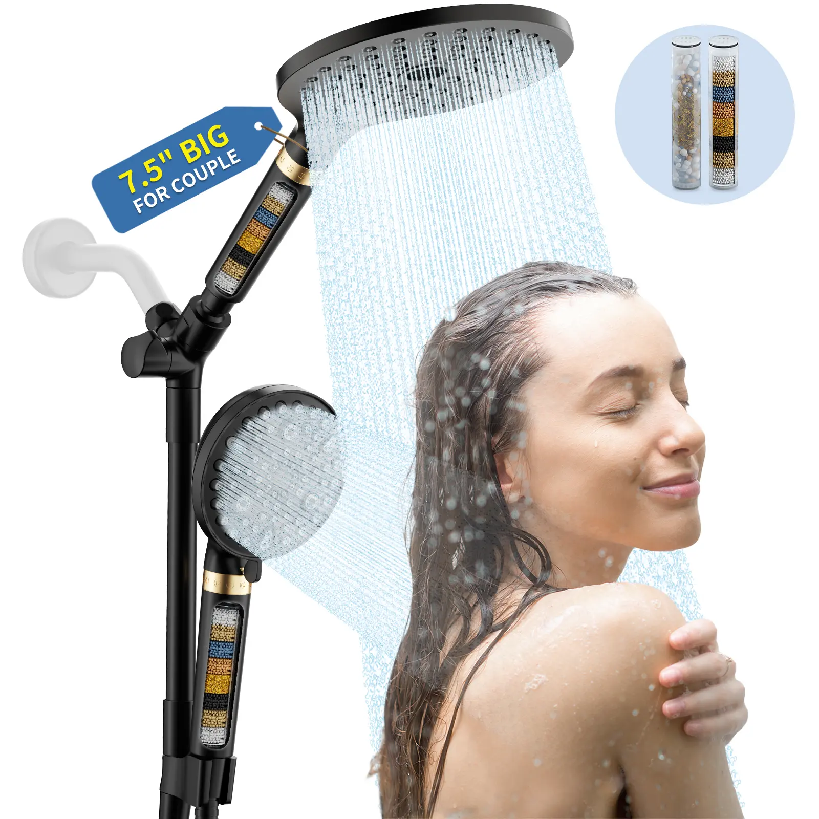 7.5" Dual Shower Heads with Handheld Spray Combo - Filtered for Hard Water, 9-Mode High-Pressure Waterfall Rain Shower Head with Long Hose & Adjustable Bar