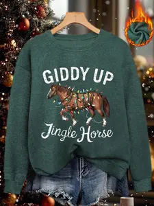 Christmas Women's Knitted Sweatshirt, Winter Warm Crew Neck Top, Creative Christmas Light-Up Horse Print, GIDDY UP JINGLE HORSE Letter Decoration