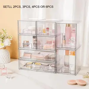 Stackable Storage Drawers Set of 2/4/6 Pack Clear Plastic Organizer Bins Clear Storage Box for Nursery Bottle Station and Beauty Supplies Vanity Bathroom Cabinet Pantry Organization Multi-Size Flexible Design