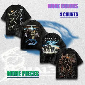4-Piece Set Halo 2 Vintage Washed Heavyweight Cotton T Shirt Mens Premium Comfort Crew Neck Graphic Print Casual Streetwear Retro Urban Top Daily Wear Fashion Outfit Soft Breathable Classic Fit Stylish Street Style Tees