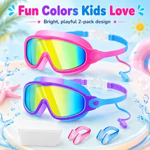 2 Pack Kids Swim Goggles for Boys Girls, Anti Fog No Leak Swimming Goggles with Nose Clip & Ear Plugs, Colorful Pool Beach Water Park Goggles