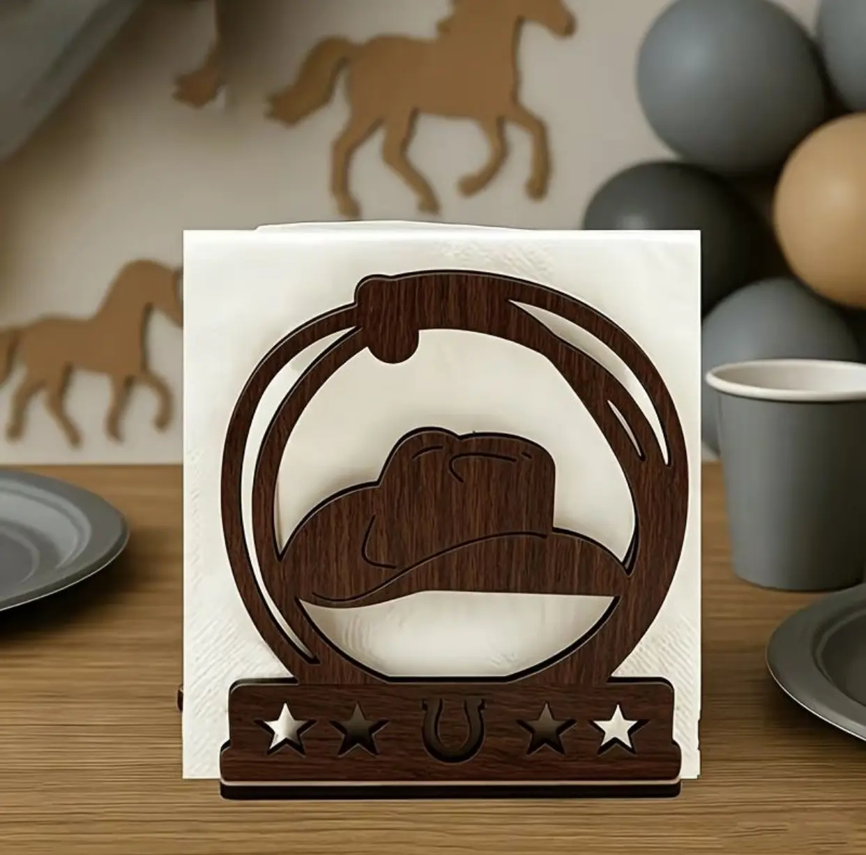 Western cowboy hat napkin holder, retro brown wooden stand with anopen design and a sturdy base. It is ideal forkitchens, farmhouses, western party decor,homes, offices or cowboy-themed events,boasting long-lasting vintage charm