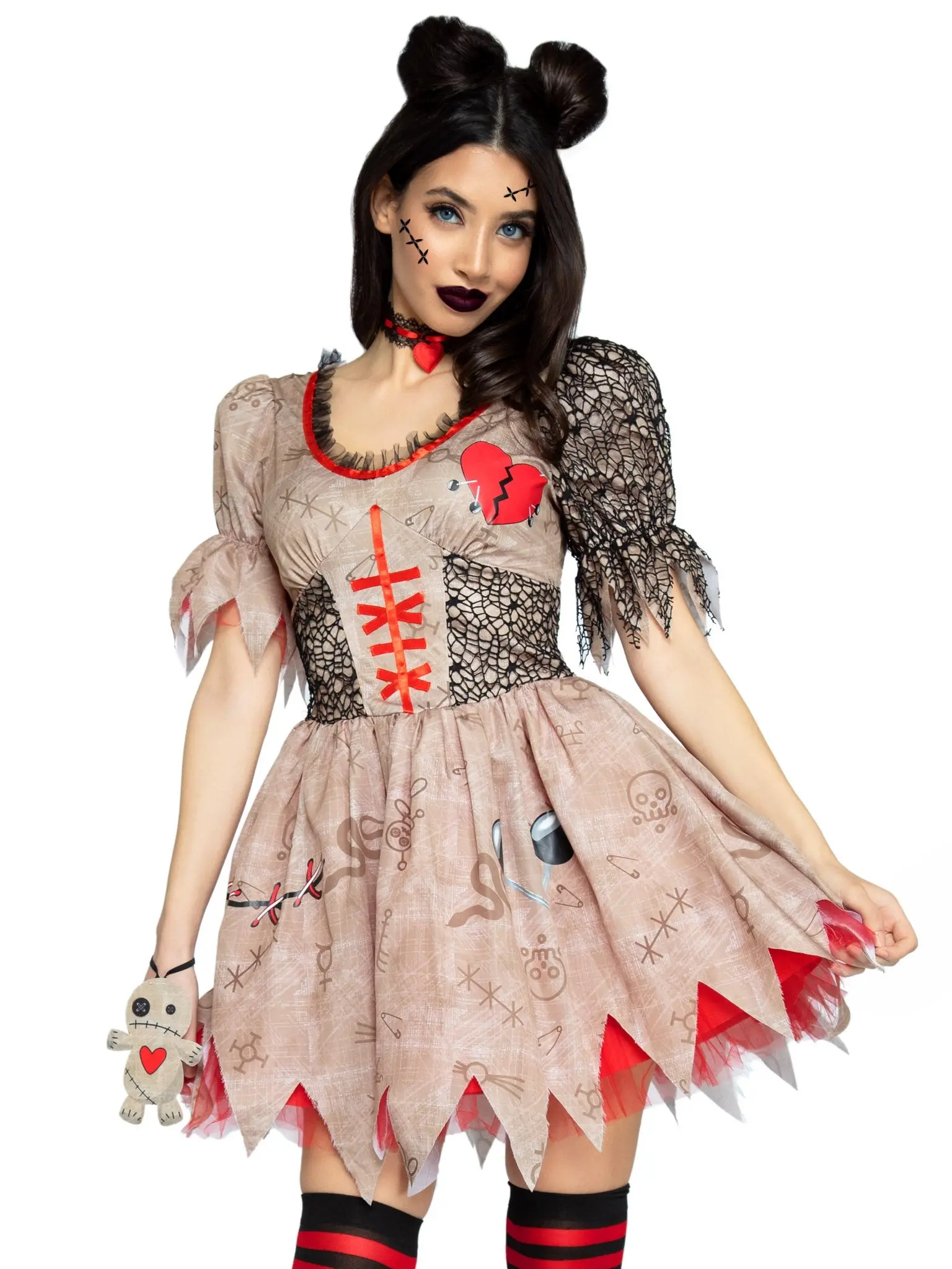 Women's Voodoo Doll Costume Dress, 3-Piece Printed Fit and Flair Style with Embroidered Heart Detail, Halloween Party Clothes with Accessories, Cute, Fishnet, Trick Or Treat, Lady, Sexy, Costume Ideas