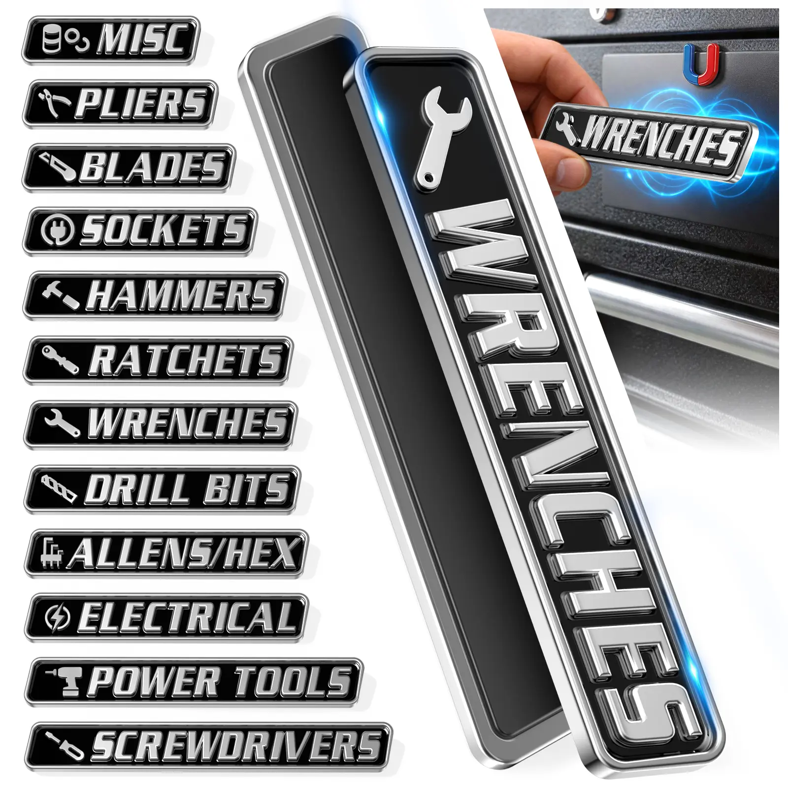 12 Pack of Magnetic Toolbox Labels,Designed for toolboxes, carts, drawers, and cabinets,suitable with major tool brands,for both indoor and garage use, Printed Tool Box Labels, General Tool Box Organize Accessories, Reusable Tags for Steel Toolboxes sohoc