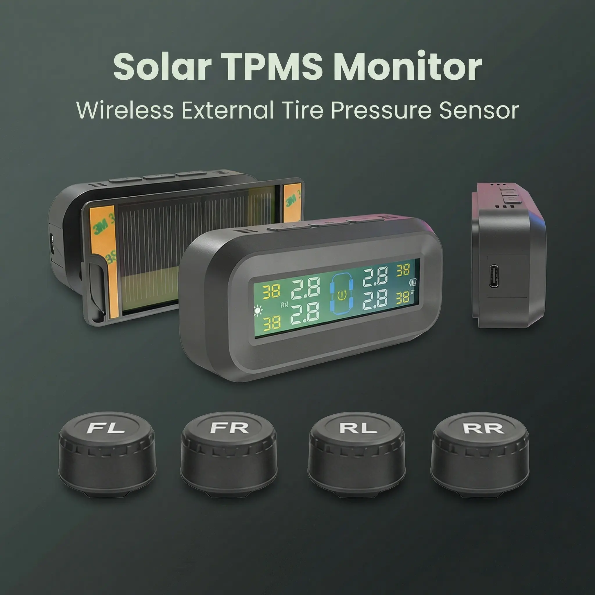 Solar & USB Powered TPMS Tire Pressure Monitor Wireless for Car SUV Truck with 4 External Sensors Real Time Pressure Temperature Display car tire pressure monitoring system Portable Instant Readings