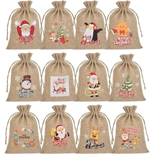 Christmas Small Burlap Bags with Drawstring, Burlap  Bags Christmas Linen  Sacks  Wrapping Bags Xmas Holiday Party Favors Bags(7x5 inch, 24 count)