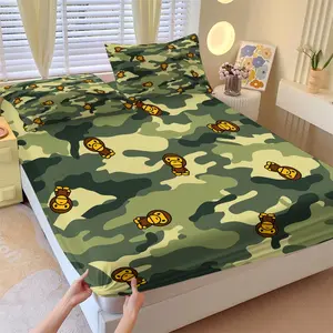Baby Milo Army Green Camouflage Fitted Sheet Set with 2 Pillowcases No Core, Soft Anti-Slip Wrinkle Resistant, Brown Cartoon Monkey & Ape Head Silhouette Camo, Street Style Bedroom Decor Gift Choice, Army Bed Sheets