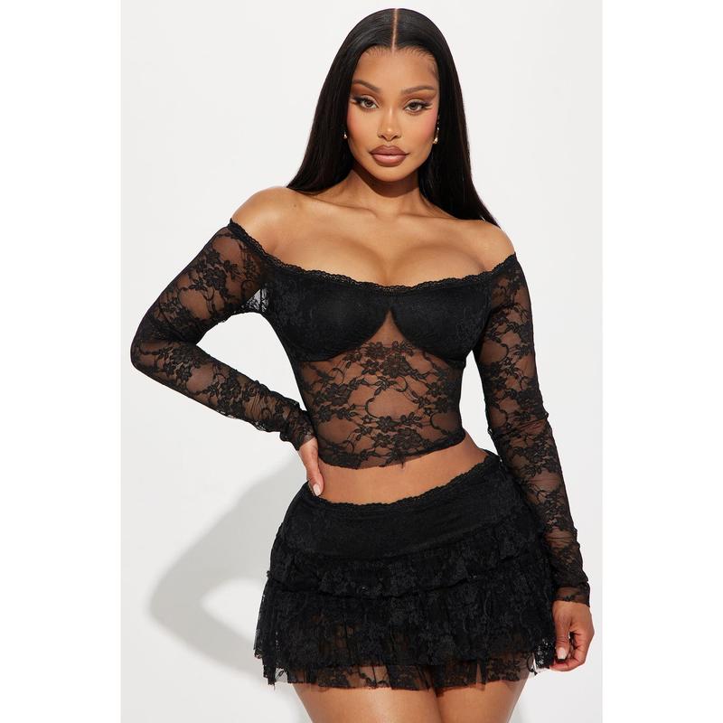 Adryana Ruffled Lace Skirt Set - Black