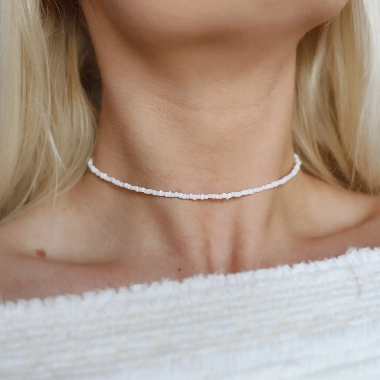 Coconuts White Seed Beaded Choker Necklace