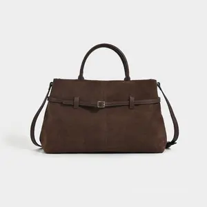 Premium Suede & Leather Belted Tote Bag for Women, Large Capacity Retro Satchel, Versatile Everyday Purse, Spacious for Commuting & Errands
